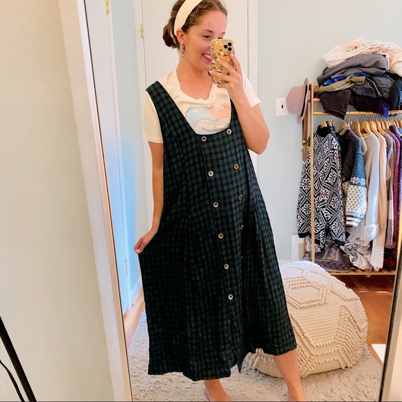 Vintage Dresses & Skirts - Vintage S.L. Fashions Green Plaid Button Dress XL